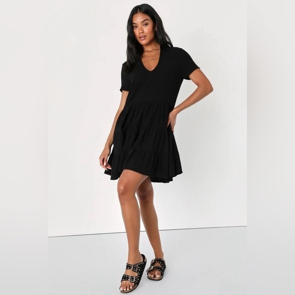 LULUS Darling Decision Black Linen Collared Tiered Mini Dress SIZE XL - Picture 1 of 11